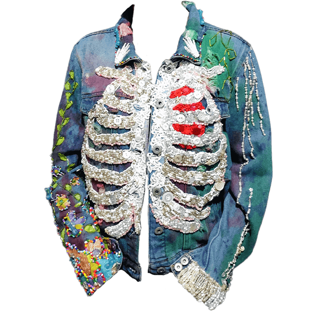 Front view of the "Bones Jacket," showcasing white beaded ribs and a red beaded heart.