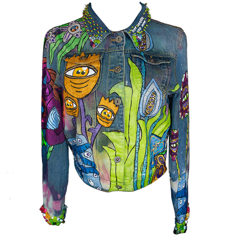 Front view of the Dua Forest Jacket, adorned with painted creatures and beaded textures on the collar and cuffs