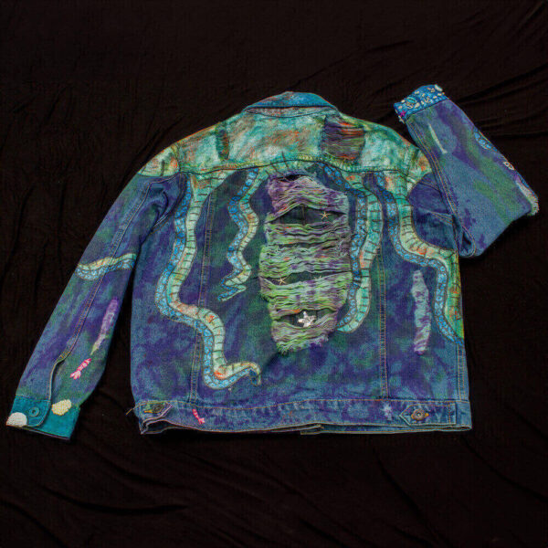 Back view of the Deep Water Jacket featuring painted tentacles and a distressed texture.