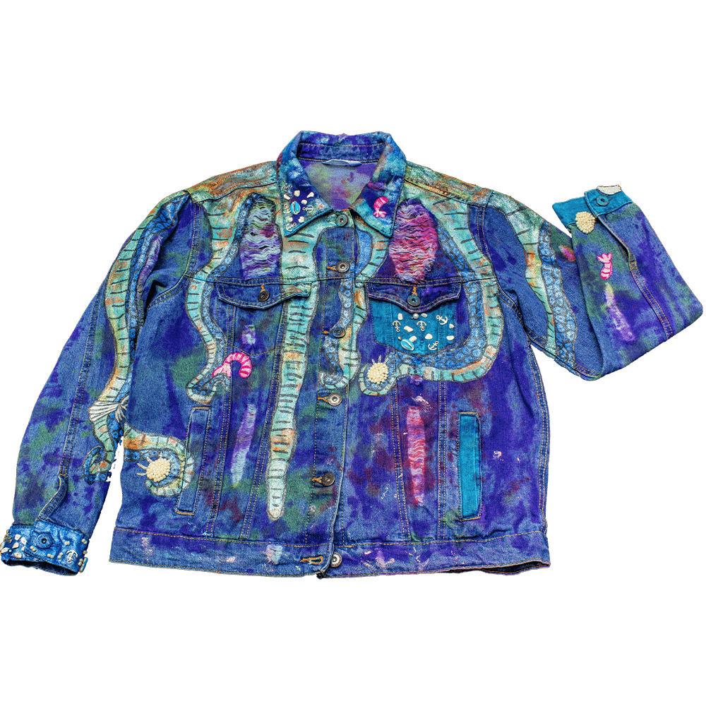 Front view of the "Deep Water Jacket," featuring painted tentacles and marine-themed beaded details.