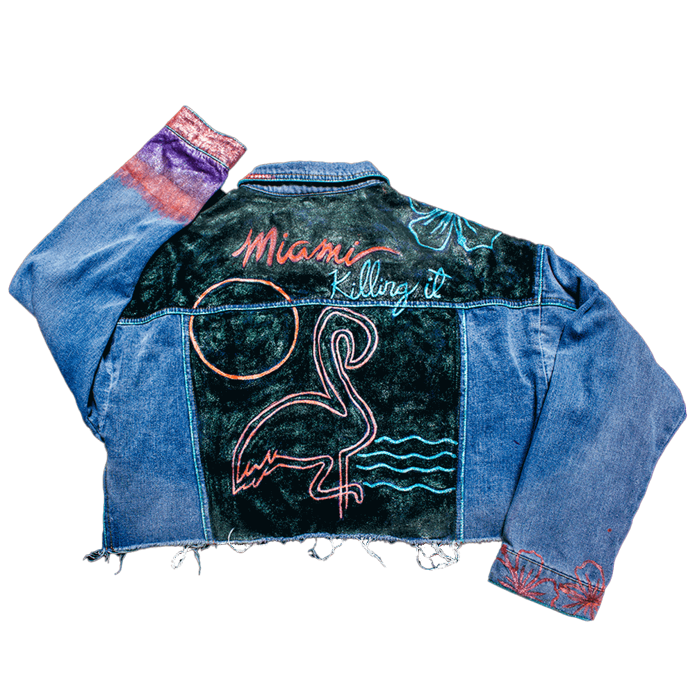 Back view of the "Miami Vice" jacket showcasing a neon-painted flamingo and the message 'Miami Killing it!'