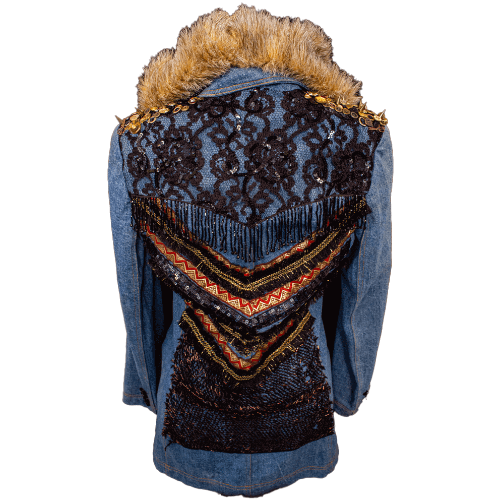 Back view of the She-Fox denim Jacket with elegant black flower lace decoration on the back, complemented by lace trim and accents in red and gold. This is a furry hooded jacket