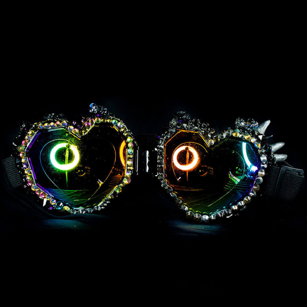 Front view of the Black Heart Goggles decorated with Sparkling silver beads, skull crystal beads, decorative spikes and 3D paint