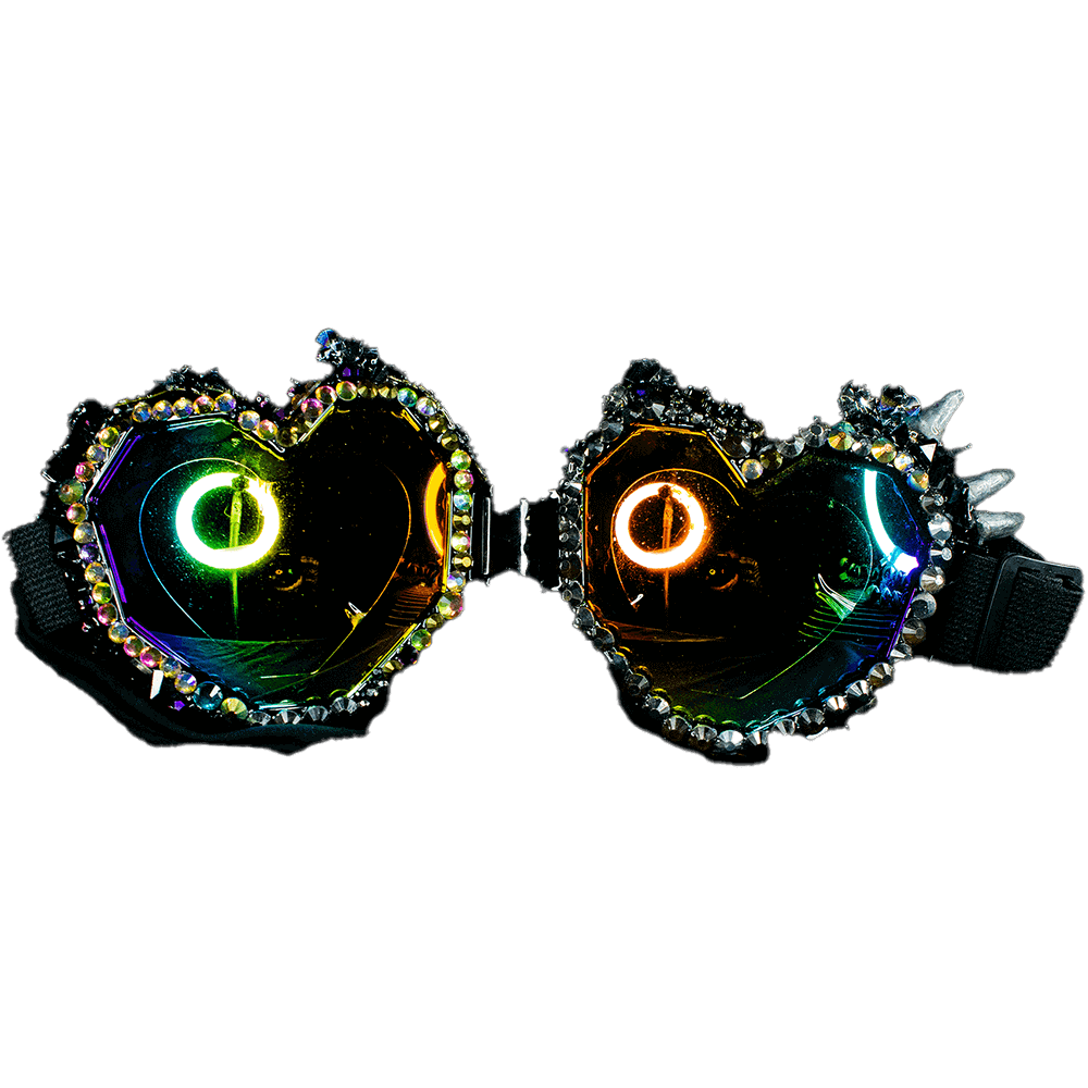 Front view of the Black Heart Goggles decorated with Sparkling silver beads, skull crystal beads, decorative spikes and 3D paint