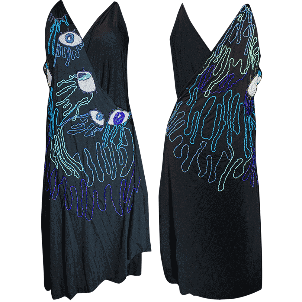 Front and back view of the two pieces Eye Cry lycra black dress embroidered tears and eyes shapes on the upper and below back and front with different blue-color beads