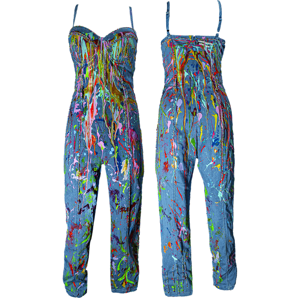 Front and back general view of the Hard Candy denim jumpsuit decorated with fabric paint drippin’ effect and embroidered colorful beads on the strips details