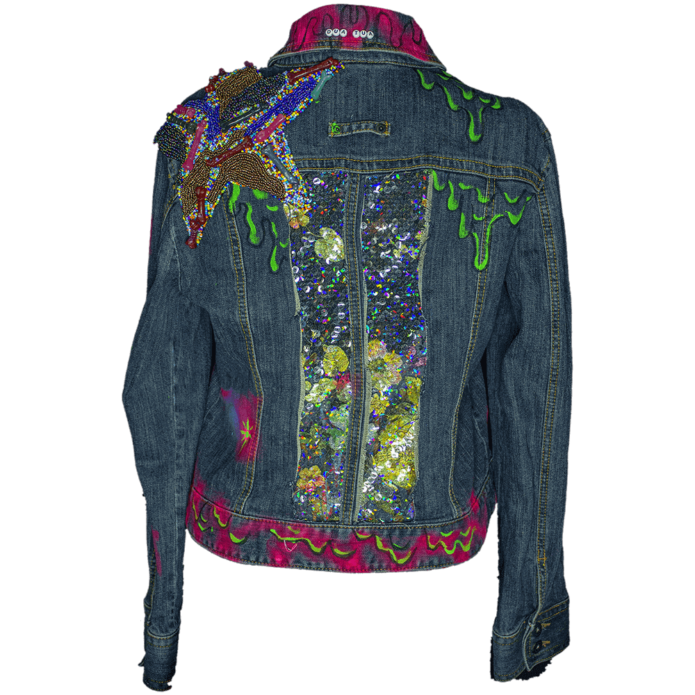 Back view of the Lau Custom Denim Upcycle Jacket, featuring decorative rainbow sequins, bold green and neon pink paint melting texture, a embroidered giant star on the left shoulder and some embroidered letters bead on the collar