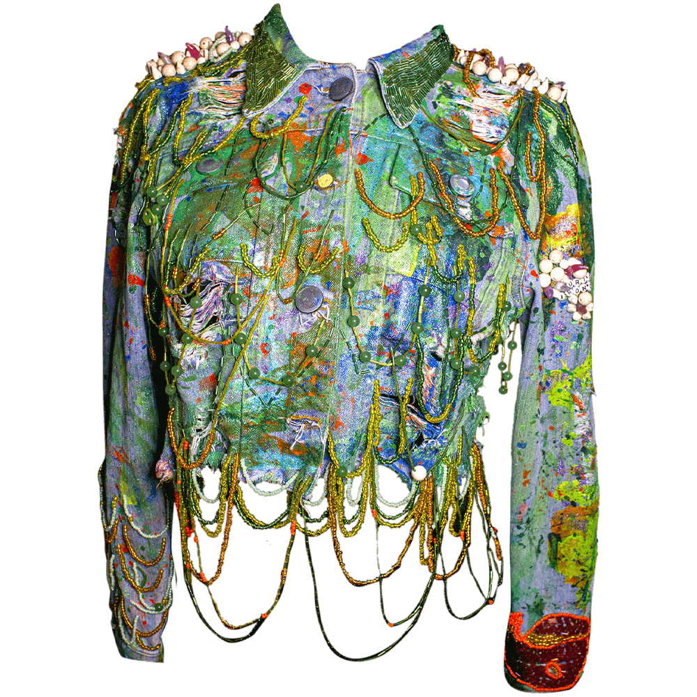 Front view of the Pimpis upcycled denim jacket, a colorful tribute to Colombia's parrots. Adorned with embroidered beads, white rounded big beads texture on shoulders, resin fangs, large beads, letter beads and fabric paint for details