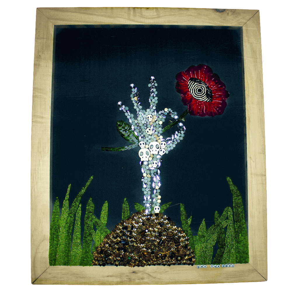 Front view of the Skeleton Flower embroidered frame decorated with skeleton hand shape made with beads, buttons, accessories, fabric paint, 3D paint and denim scraps for the flower detail