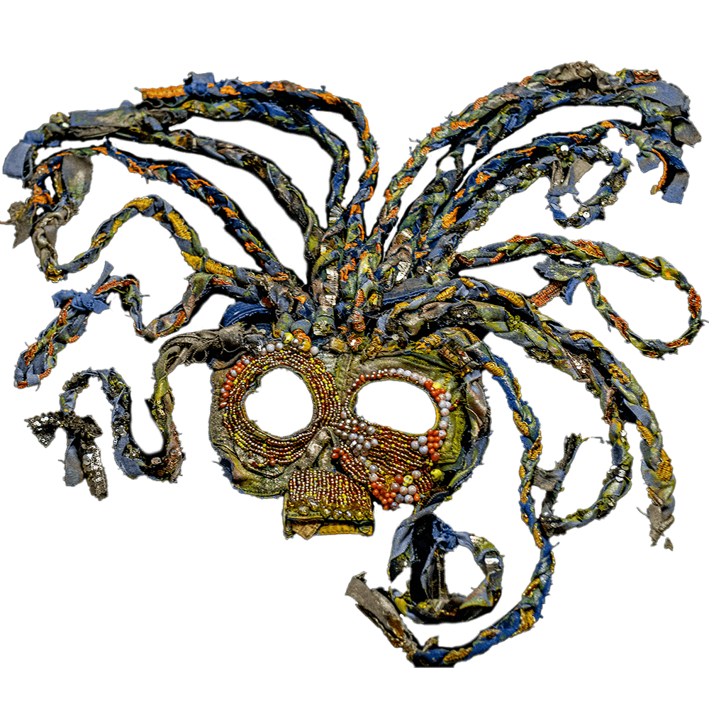 General front view of the Sun - Inti upcycled denim mask decorated with golden and orange beads, decorative braid trim with jean scraps as dreads, fabric paint and 3D paint details