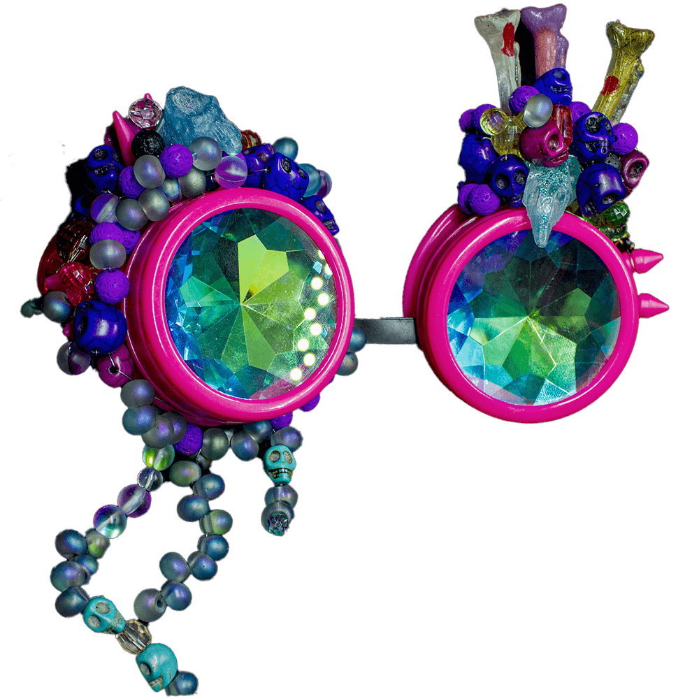 Front view of the Fuchsia Tears Goggles, circle shape lenses adorned with detailed beaded tears and resin bone accents and resin animal skulls both sides, crafted with beads embroidery and wire