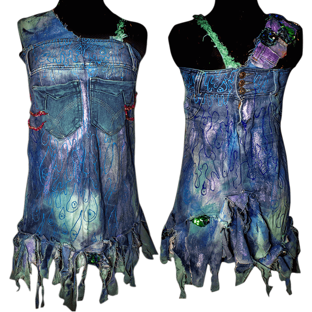 General back and front view of the Fluir denim dress made from an old pair of upycled denim jeans, decorated with denim scraps, sequins fabric and decorated with fabric paint and 3D paint