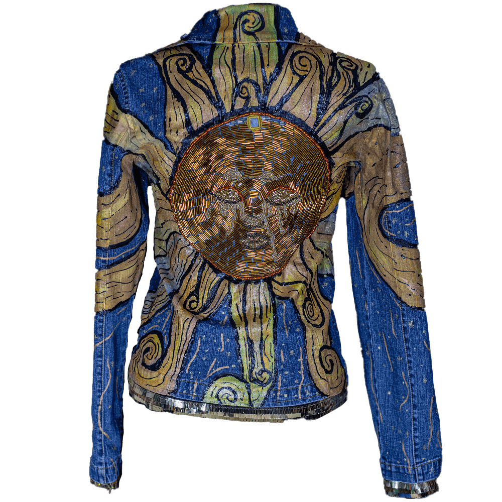 Back view of the Sol denim jacket made with embroidered large gold-color beads texture, mirror accessory, fabric paint, 3D fabric paint, special fabric on the below and sleeves