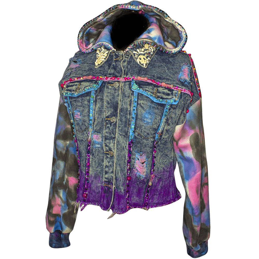 Front view of the Lines-Tie Dye hooded denim jacket decorated with fabric paint, 3D paint, tie dye decoration on the sleeves and hood, reused buttons, resin bones accessories, embroidered beads details on the strips, hood and decorative skulls