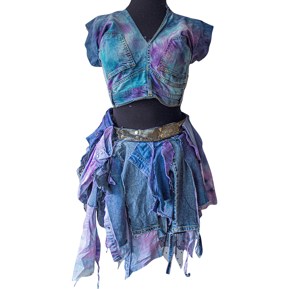 Front view of the upcycled denim blouse and skirt made from recycled denim scraps and painted with purple and blue color with a tie-dye process, right side pocket with a zipper secure detail