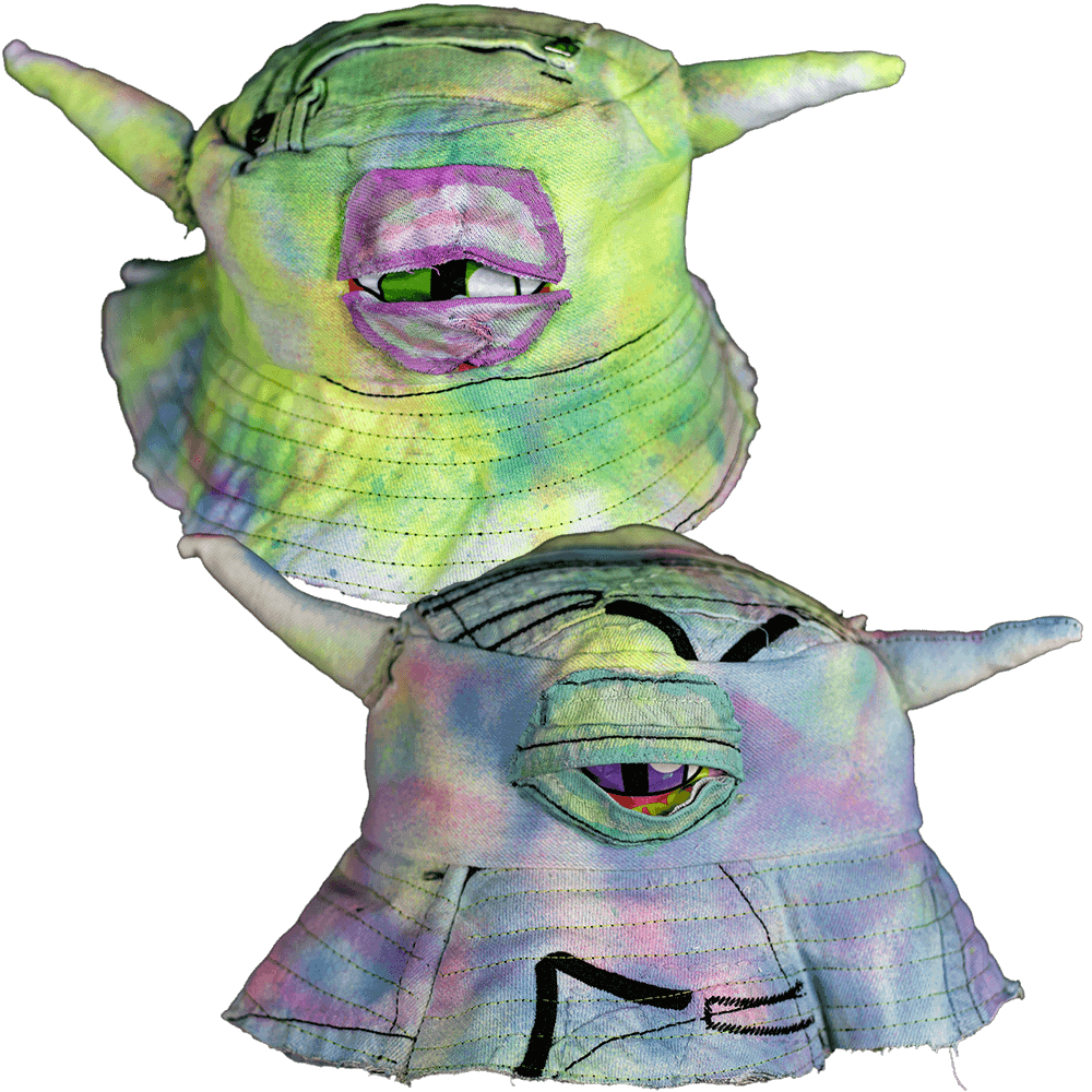 General front view of the two denim scraps bucket hats Green and Purple decorated with tie-dye hand painted texture, two horns and a single denim-eye detail up in the front middle