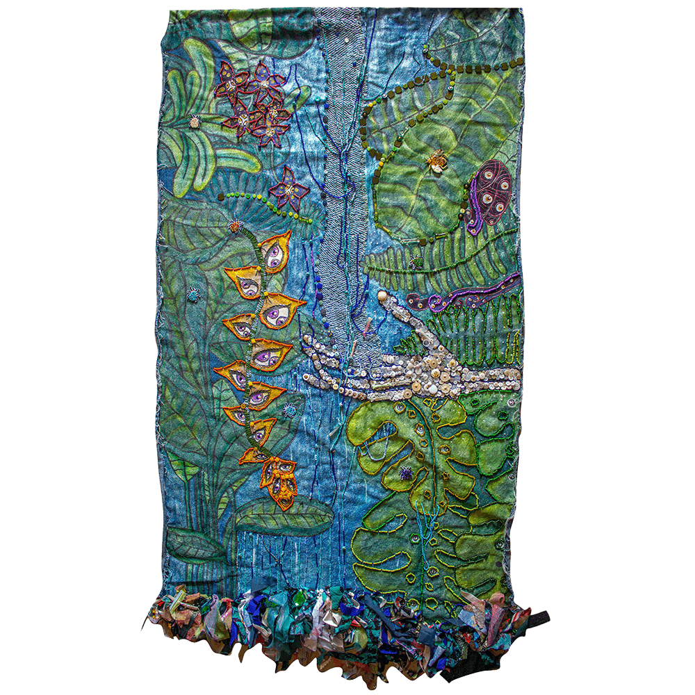 General view of the River Telar upcycled denim tapestry, decorated with beaded insect patches, painted fabric, beads, recycled buttons, different fabric scraps and recycled elements for a unique look